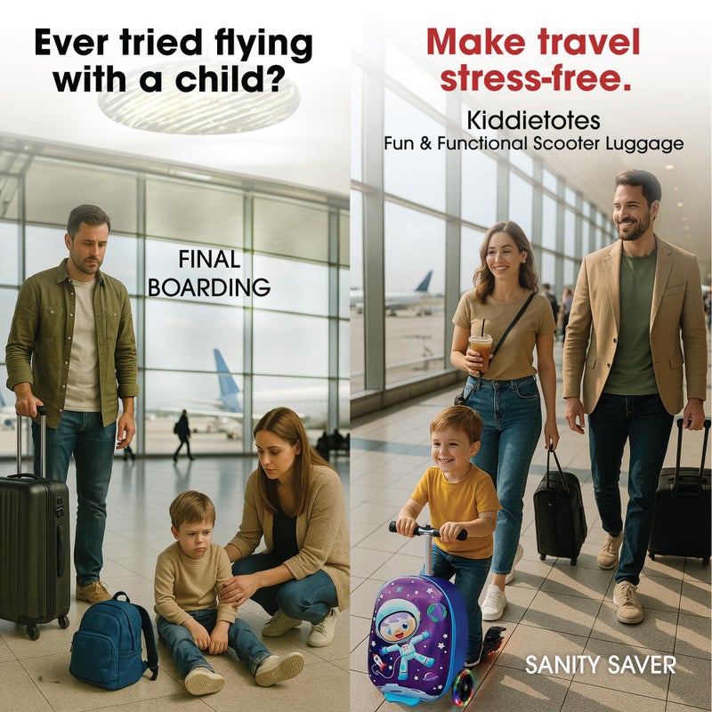 KIDDIETOTES 3-D Hardshell Luggage Scooter for Kids - Lightweight Rideable Luggage for kids - Fits in Overhead Bins - LED Light Up Wheels - Image 3